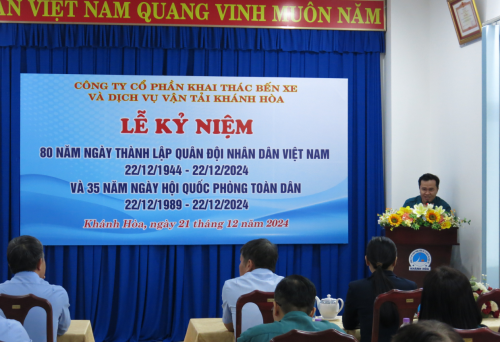 Công ty CP Khai thác bến xe và Dịch vụ vận tải Khánh Hòa đã long trọng tổ chức Lễ kỷ niệm 80 năm Ngày thành lập Quân đội nhân dân Việt Nam (22/12/1944 - 22/12/2024) và 35 năm Ngày hội Quốc phòng toàn dân (22/12/1989 - 22/12/2024)
