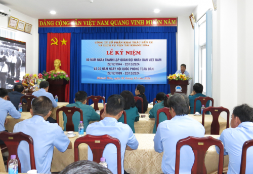 Công ty CP Khai thác bến xe và Dịch vụ vận tải Khánh Hòa đã long trọng tổ chức Lễ kỷ niệm 80 năm Ngày thành lập Quân đội nhân dân Việt Nam (22/12/1944 - 22/12/2024) và 35 năm Ngày hội Quốc phòng toàn dân (22/12/1989 - 22/12/2024)
