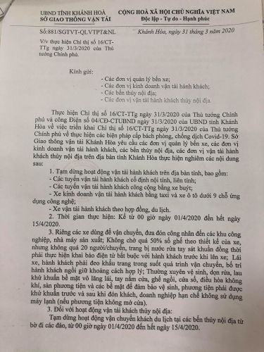 TẠM DỪNG CÁC HOẠT ĐỘNG VẬN TẢI HÀNH KHÁCH TRÊN ĐỊA BÀN TỈNH